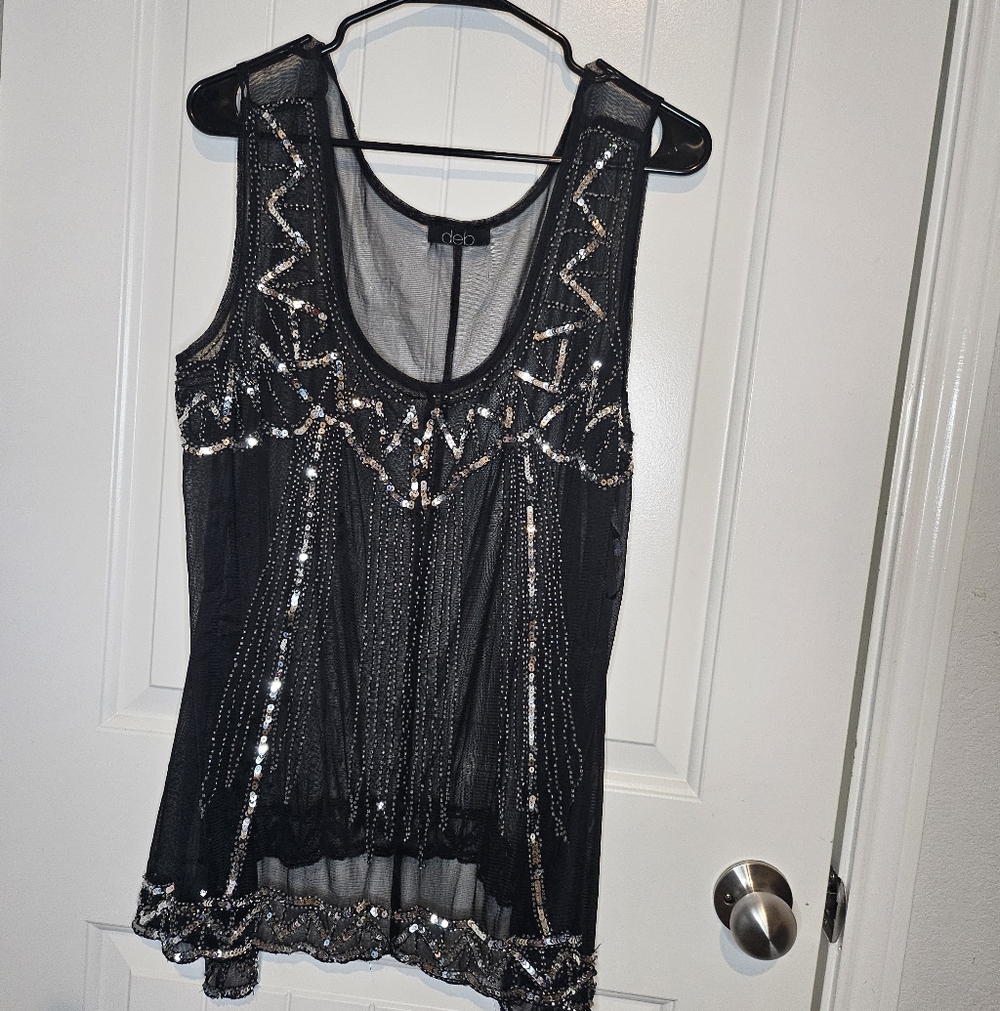 Deb Black Sequin Mesh Tank Top